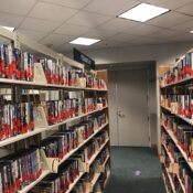 Giovale rentals on shelves in the library.