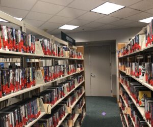 Giovale rentals on shelves in the library.